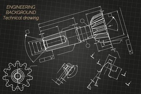 Mechanical engineering drawings on black background. Tap tools, borer. Technical Stock Illustration