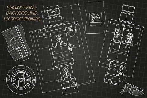 Mechanical engineering drawings on black background. Tap tools, borer. Technical Stock Illustration