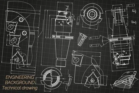 Mechanical engineering drawings on black background. Tap tools, borer. Technical Stock Illustration