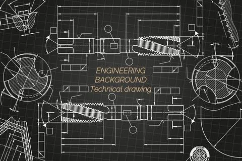 Mechanical engineering drawings on black background. Tap tools, borer. Technical Stock Illustration
