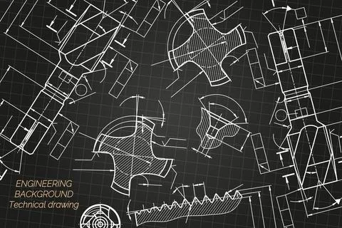 Mechanical engineering drawings on black background. Tap tools, borer. Technical Stock Illustration