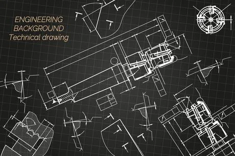 Mechanical engineering drawings on black background. Tap tools, borer. Technical Stock Illustration