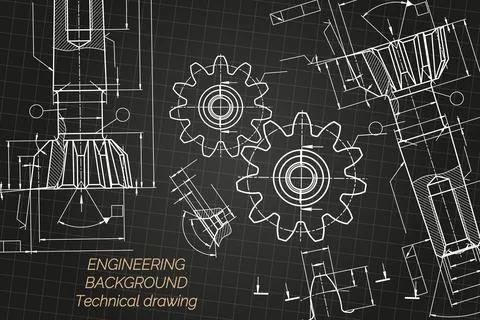 Mechanical engineering drawings on black background. Tap tools, borer. Technical Stock Illustration