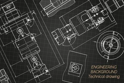 Mechanical engineering drawings on black background. Tap tools, borer. Technical Stock Illustration