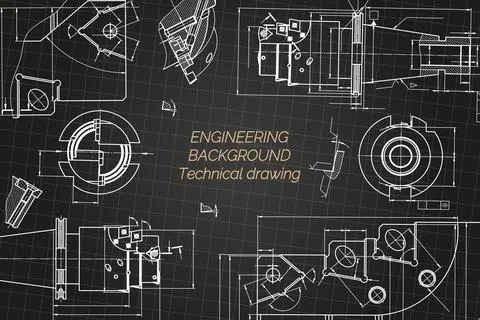 Mechanical engineering drawings on black background. Tap tools, borer. Technical Illustrazione stock