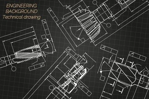 Mechanical engineering drawings on black background. Tap tools, borer. Technical Illustrazione stock