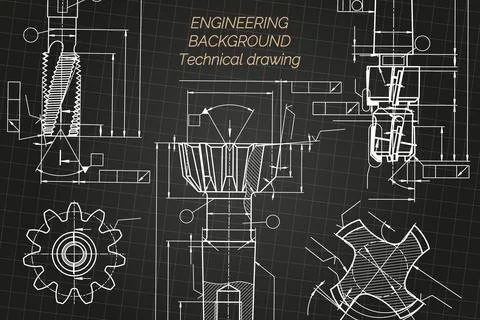 Mechanical engineering drawings on black background. Tap tools, borer. Technical Stock Illustration