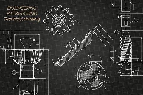 Mechanical engineering drawings on black background. Tap tools, borer. Technical Illustrazione stock