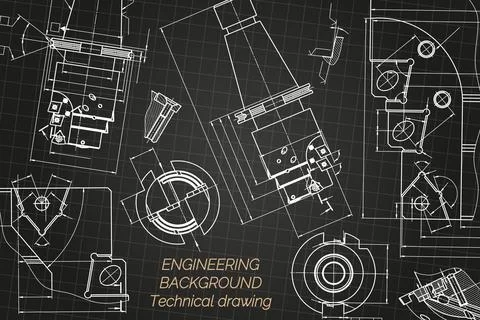 Mechanical engineering drawings on black background. Tap tools, borer. Technical Stock Illustration