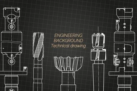 Mechanical engineering drawings on black background. Tap tools, borer. Technical Stock Illustration