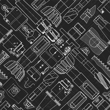 Mechanical engineering drawings on black background. Tap tools, borer. Technical Stock Illustration