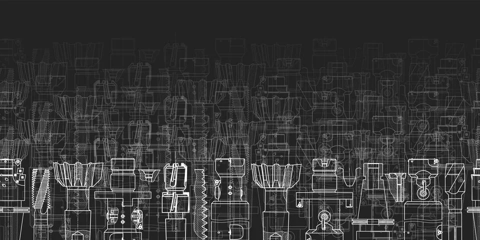 Mechanical engineering drawings on black background. Tap tools, borer. Technical Illustrazione stock