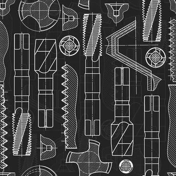 Mechanical engineering drawings on black background. Tap tools, borer. Technical Illustrazione stock