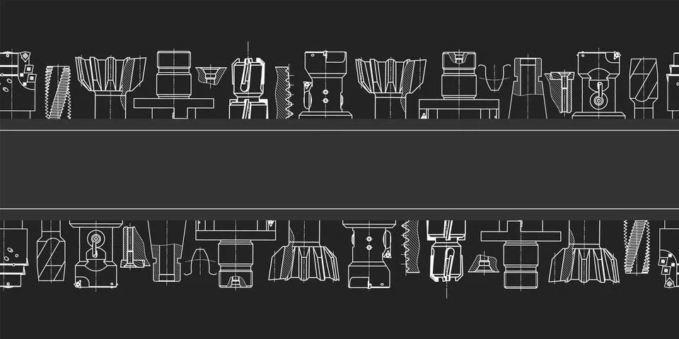 Mechanical engineering drawings on black background. Tap tools, borer. Technical Stock Illustration