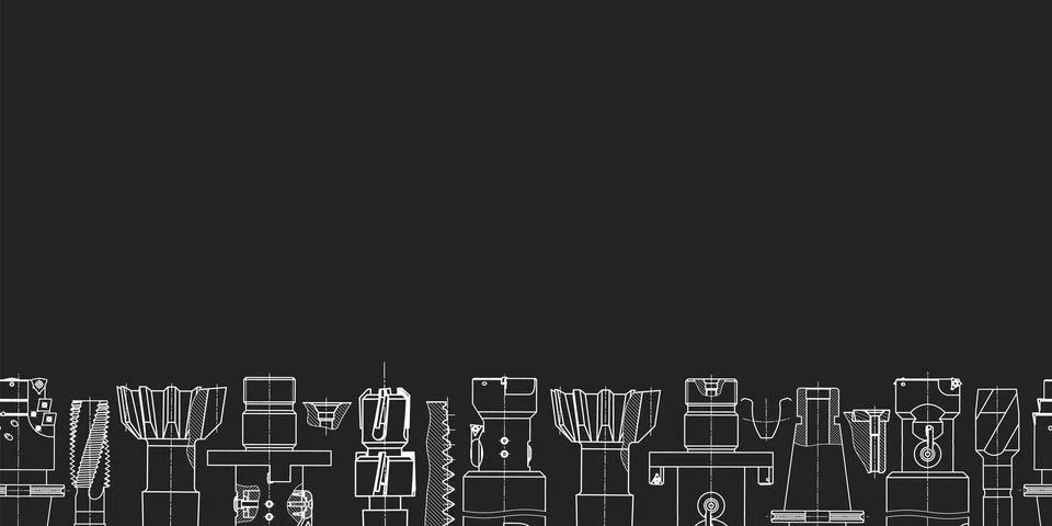 Mechanical engineering drawings on black background. Tap tools, borer. Technical Stock Illustration