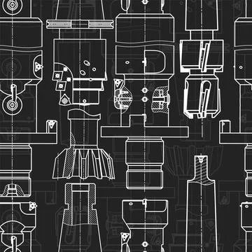 Mechanical engineering drawings on black background. Tap tools, borer. Technical Stock Illustration