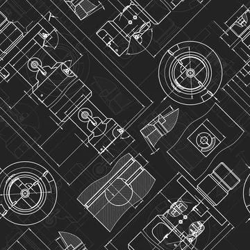 Mechanical engineering drawings on black background. Tap tools, borer. Technical Stock Illustration