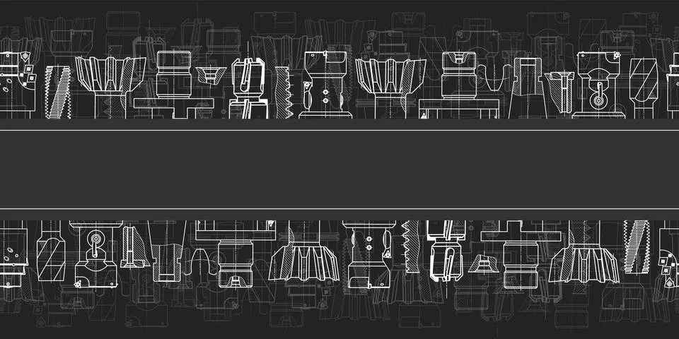 Mechanical engineering drawings on black background. Tap tools, borer. Technical Stock Illustration
