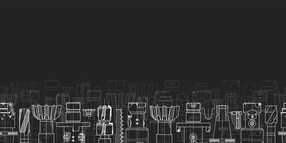 Mechanical engineering drawings on black background. Tap tools, borer. Technical Stock Illustration