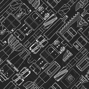 Mechanical engineering drawings on black background. Tap tools, borer. Technical Stock Illustration