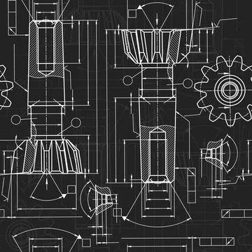 Mechanical engineering drawings on black background. Tap tools, borer. Technical Illustrazione stock