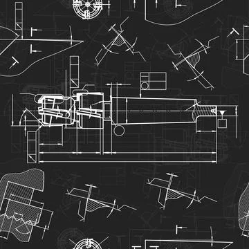 Mechanical engineering drawings on black background. Tap tools, borer. Technical Stock Illustration