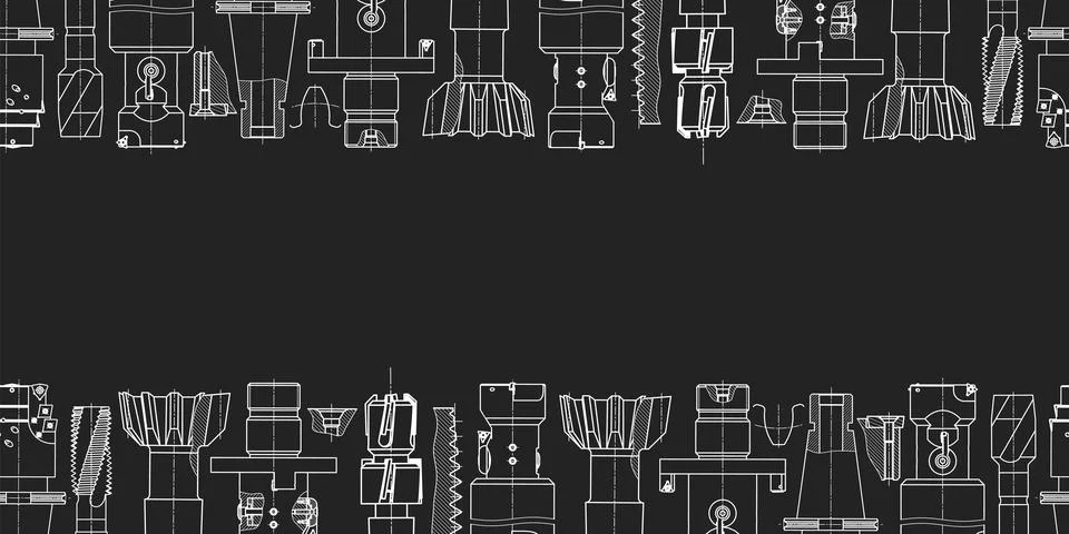 Mechanical engineering drawings on black background. Tap tools, borer. Technical Stock Illustration
