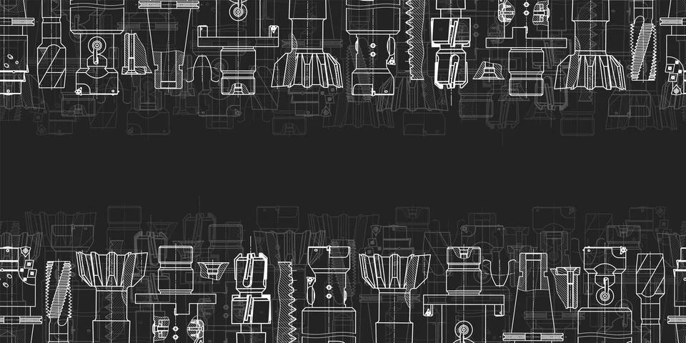 Mechanical engineering drawings on black background. Tap tools, borer. Technical Stock Illustration