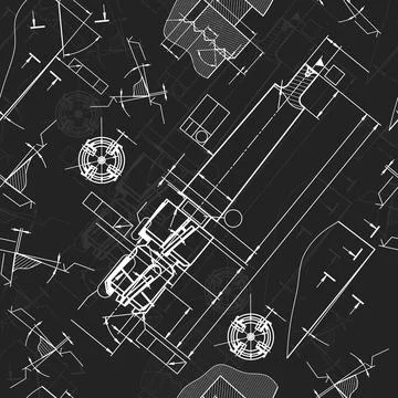 Mechanical engineering drawings on black background. Tap tools, borer. Technical Stock Illustration