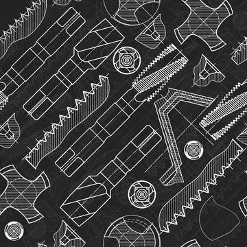 Mechanical engineering drawings on black background. Tap tools, borer. Technical Stock Illustration
