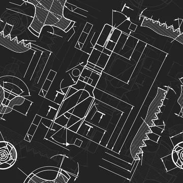Mechanical engineering drawings on black background. Tap tools, borer. Technical Stock Illustration