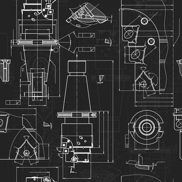 Mechanical engineering drawings on black background. Tap tools, borer. Technical Stock Illustration