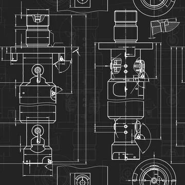 Mechanical engineering drawings on black background. Tap tools, borer. Technical Stock Illustration