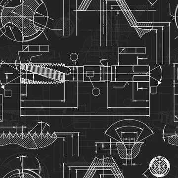 Mechanical engineering drawings on black background. Tap tools, borer. Technical Stock Illustration