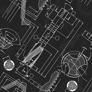 Mechanical engineering drawings on black background. Tap tools, borer. Technical Illustrazione stock