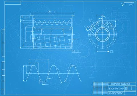 Mechanical engineering drawings on blue background. Cutting tools, milling Stock Illustration