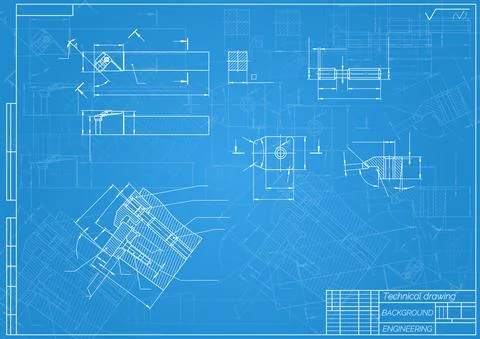 Mechanical engineering drawings on blue background. Cutter, assembly tool with Stock Illustration