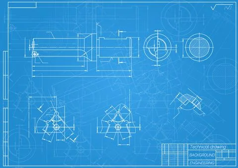 Mechanical engineering drawings on blue background. Tap tools, borer. Technical Illustrazione stock