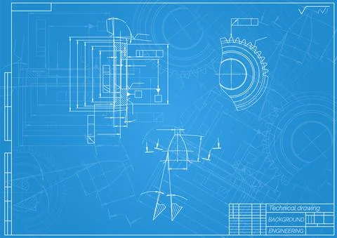 Mechanical engineering drawings on blue background. Gear cutting tool. Technical Stock Illustration