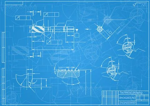 Mechanical engineering drawings on blue background. Tap tools, borer. Technical Stock Illustration