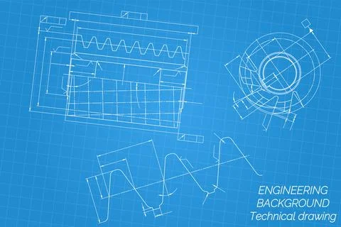 Mechanical engineering drawings on blue background. Cutting tools, milling Stock Illustration