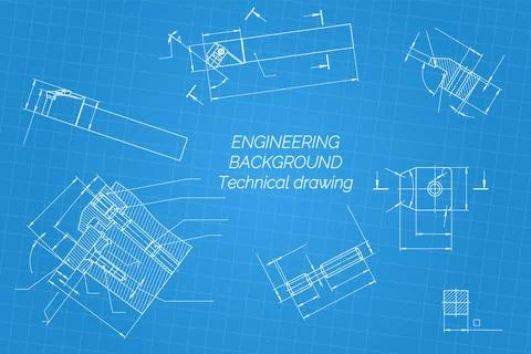 Mechanical engineering drawings on blue background. Cutter, assembly tool with Stock Illustration