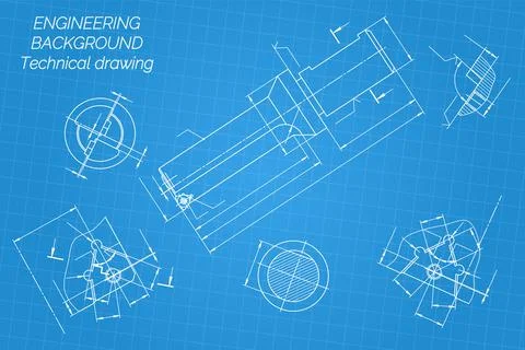 Mechanical engineering drawings on blue background. Tap tools, borer. Technical Illustrazione stock