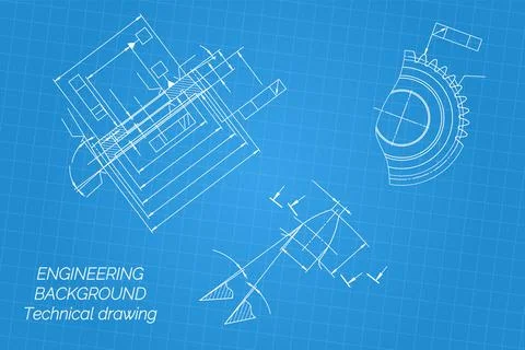 Mechanical engineering drawings on blue background. Gear cutting tool. Technical Stock Illustration
