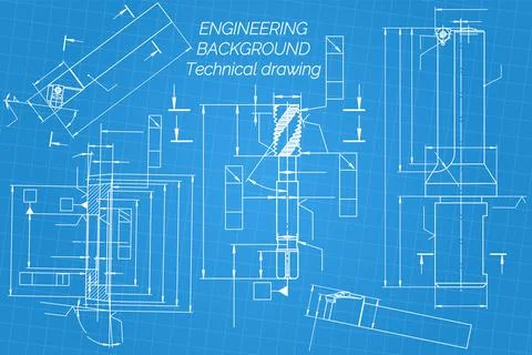 Mechanical engineering drawings on blue background. Tap tools, borer, cutting Stock Illustration