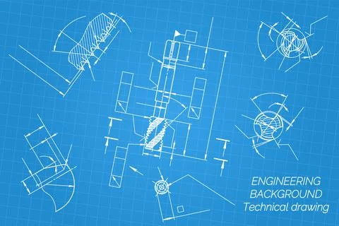 Mechanical engineering drawings on blue background. Tap tools, borer. Technical Stock Illustration