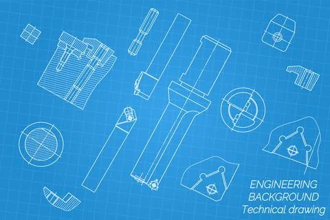 Mechanical engineering drawings on blue background. Tap tools, borer, cutting Stock Illustration