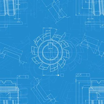 Mechanical engineering drawings on blue background. Cutting tools, milling Stock Illustration