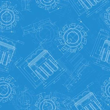 Mechanical engineering drawings on blue background. Cutting tools, milling Stock Illustration