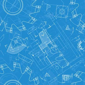 Mechanical engineering drawings on blue background. Cutting tools, milling Stock Illustration